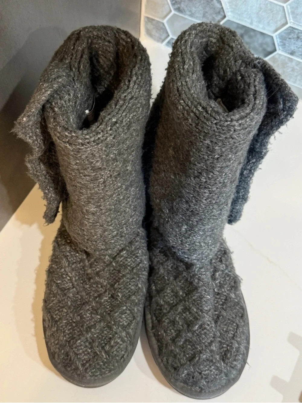 UGG Australia Women’s Grey Knit Mid-Calf High Ugg Boots, Sweater Cardigan Knit